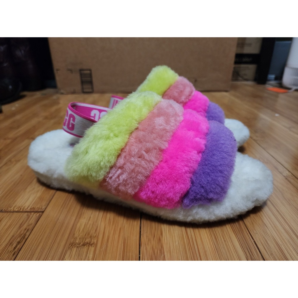 UGG Fluff Yeah Slide Womens 8 EU 39 Multicolor Shearling Slingback Sandals